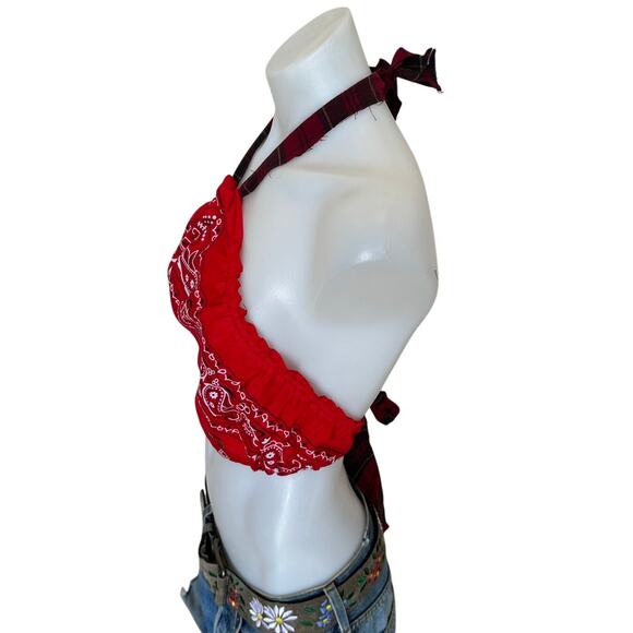 Bandana Halter Top Crop One Size Festival Western Red Handcrafted Unique NEW - Picture 2 of 5